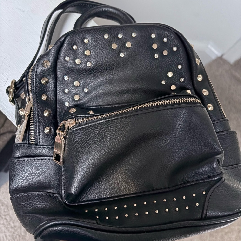 Bebe Black Leather Backpack with Gold Studs